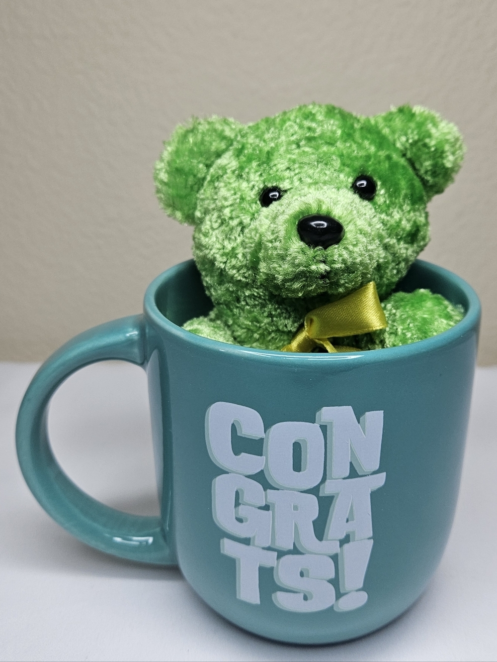 "Congrats!" Ceramic Mug with Green Plush Bear NEW Teal Blue Coffee Tea Cup